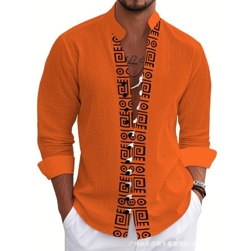 Men S Long Sleeve Chinese Style Button Placket Printed Shirt