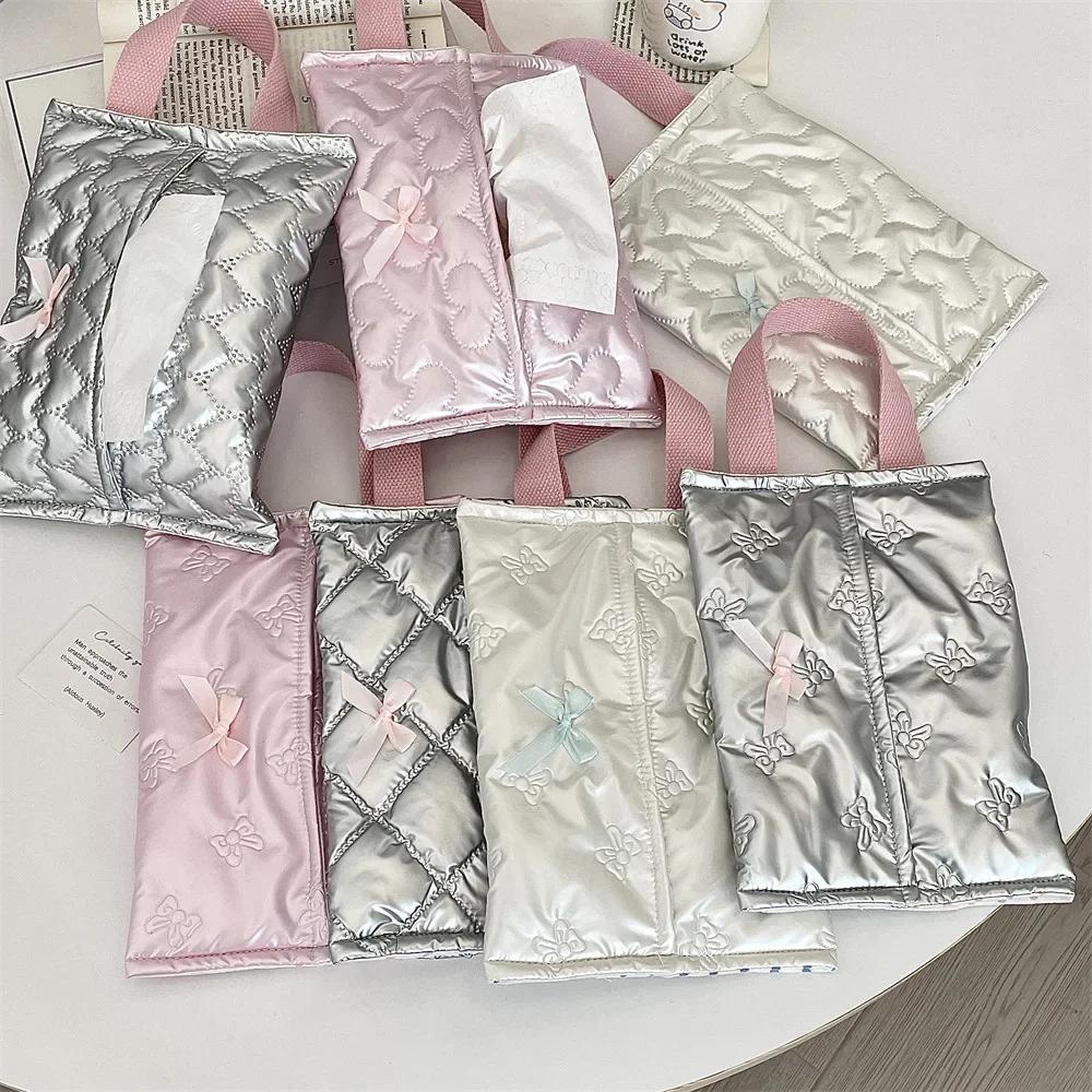 Silvery Bow Flip Cover Tissue Box Wet Wipes Case Car Hanging Bag Portable Paper Holder Removable Napkin Storage Case Home Decor