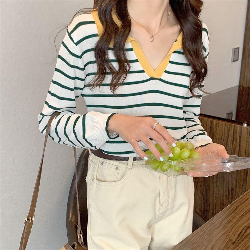 Lazy Style Loose Fitting Pullover Long Sleeved Knitted Sweater Women's Contrasting Striped Short Top