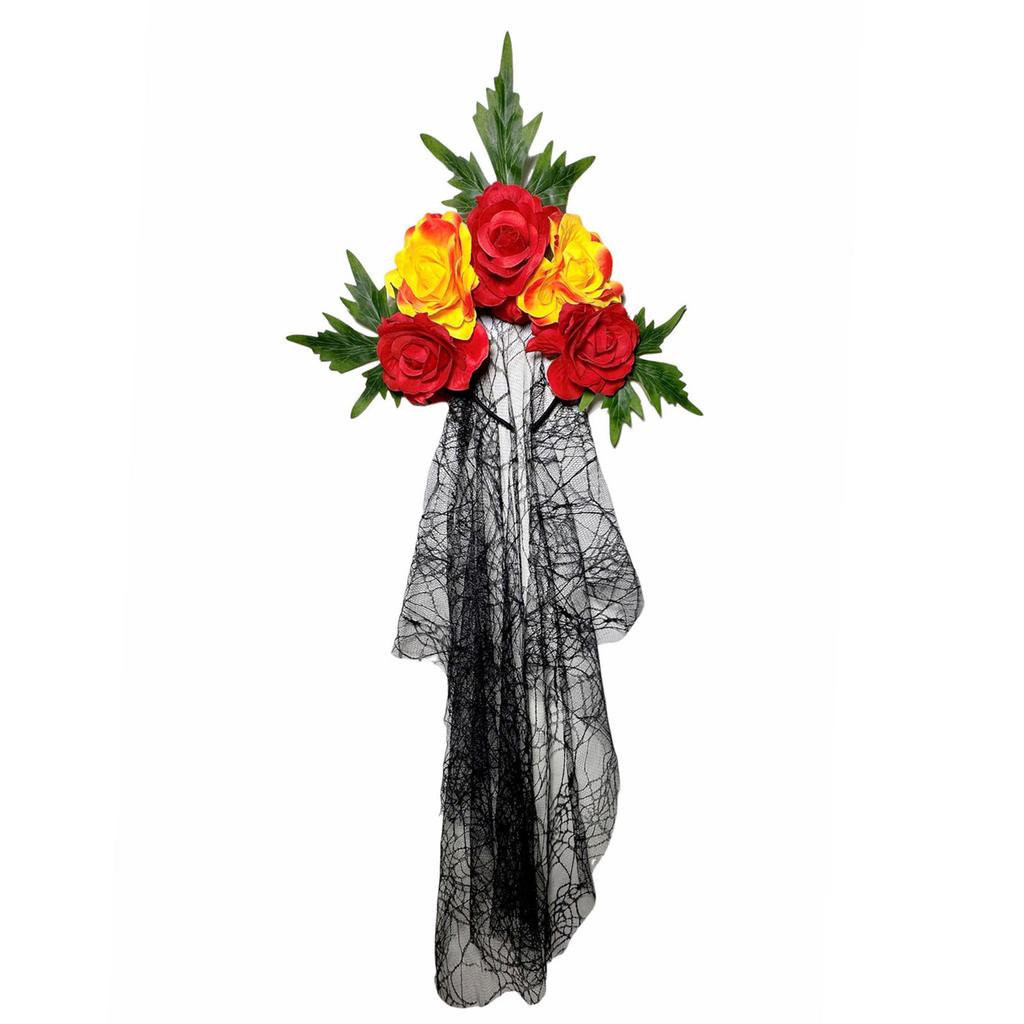 Halloween Gothic Lace Veil Headband With Red Roses Cosplay Hairband For Women Kids Costume Party Accessories