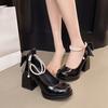 2025 Spring and Summer New Mary Jane Single Shoes Fairy Style Word with Fashion Shoes Pearl Thick Heel with Skirt High Heels