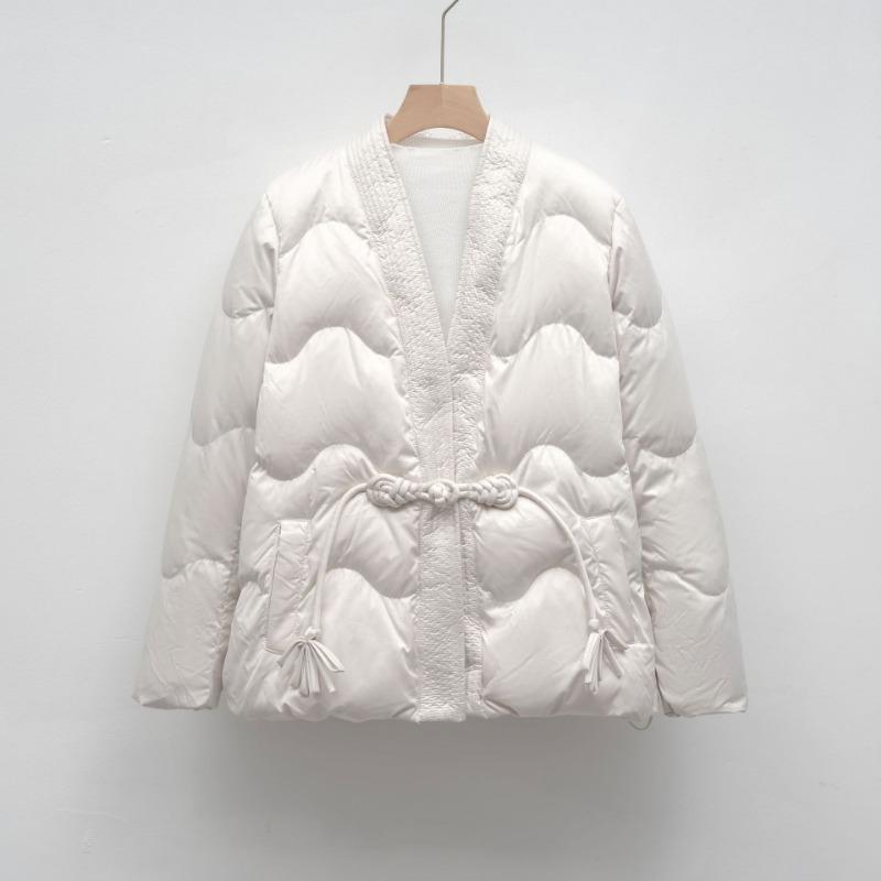Down Jacket New National Standard 90 Down Casual Autumn and Winter Satin Simple Solid Color V-neck Loose Coat