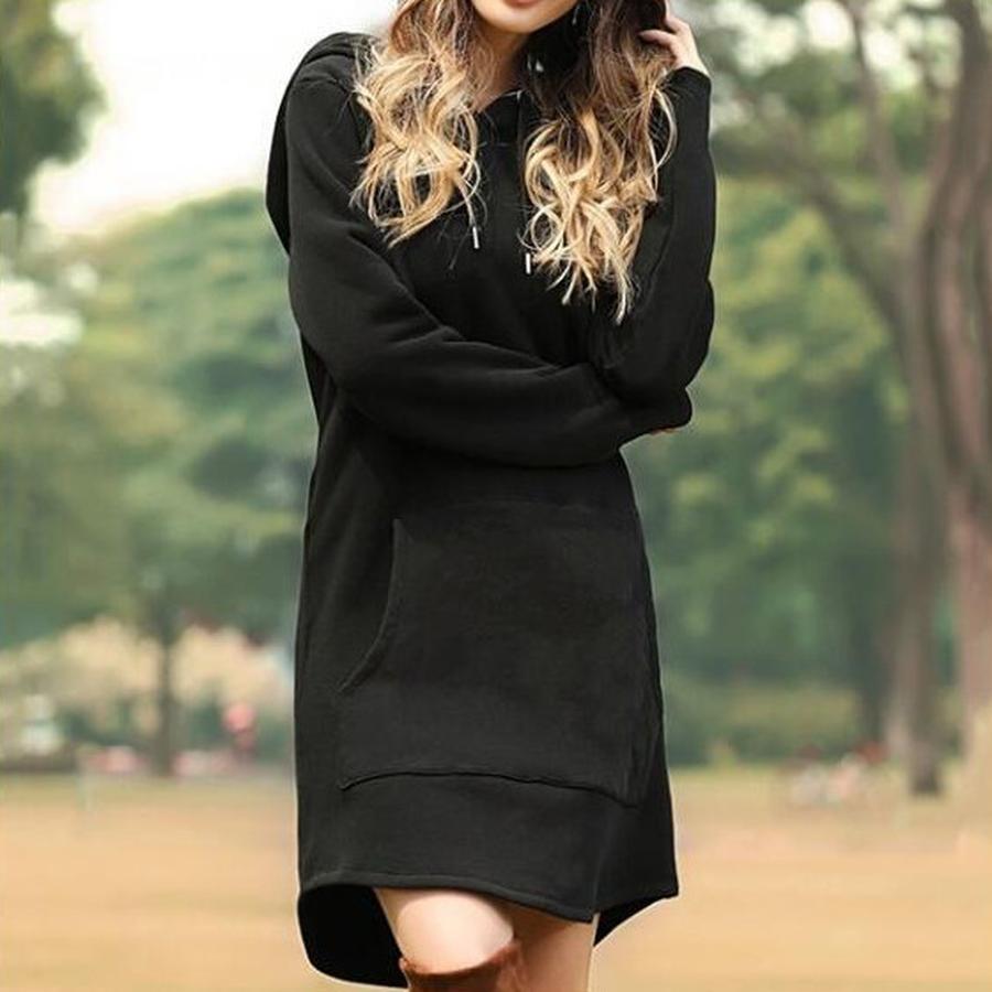 Fall Winter New Arrivals Women's Loose Fit Solid Color Pocket Long Sleeve Hoodie Dress
