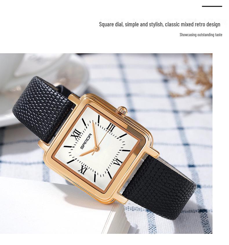 Sanda Women's Vintage Style Square Quartz Watch with Roman Numerals - Simple, Versatile, Waterproof Design