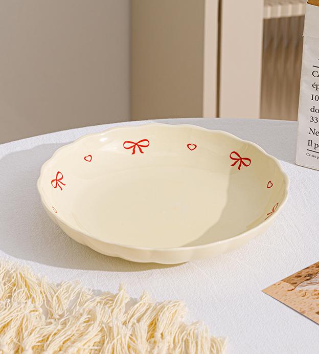 Bow Pattern Ceramic Plates Household 8 Inch Underglazed Colour Cream Wind High End Dinner Tableware Aesthetic Pink Deepen Dish