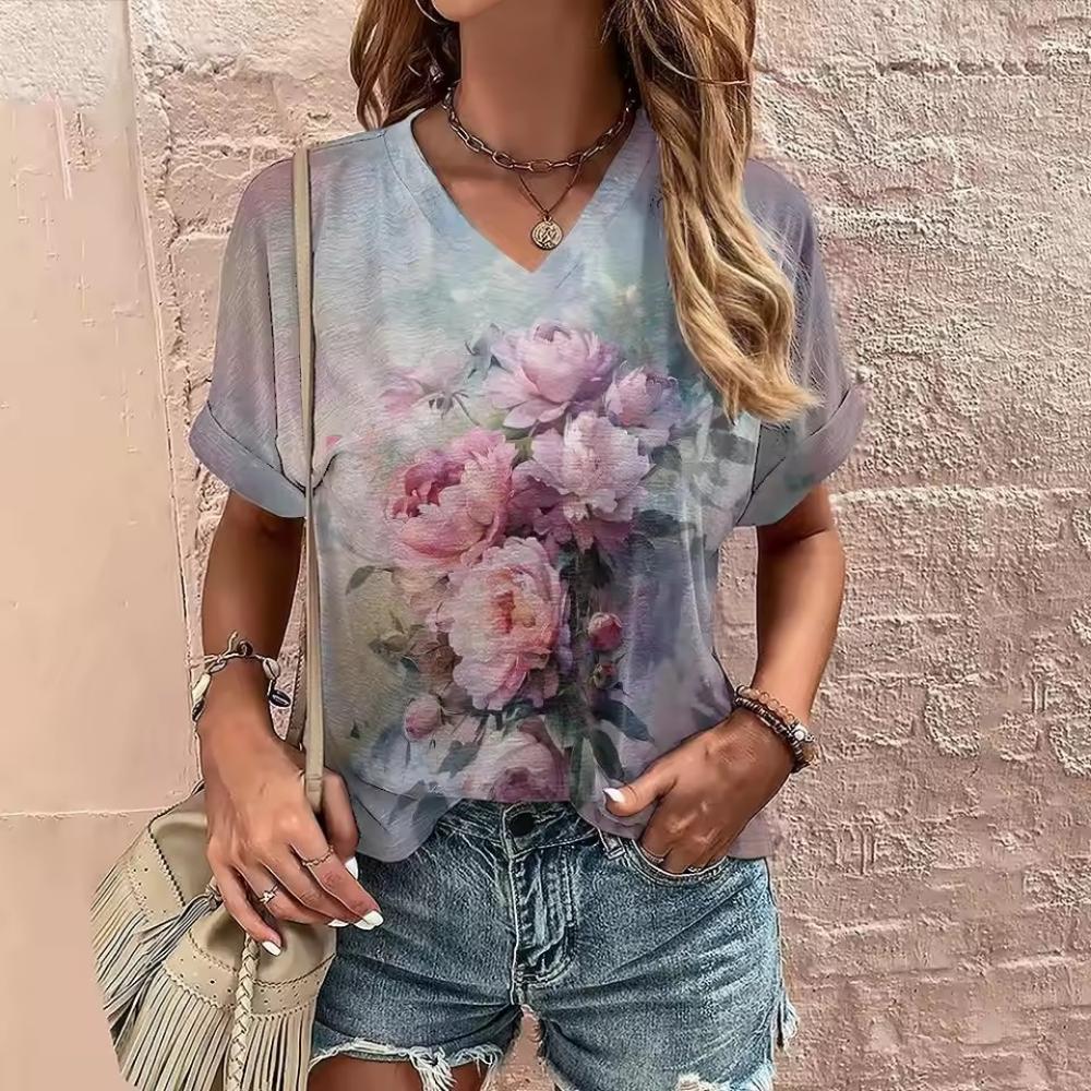 

Women s Summer V-neck T-shirt Flower Printed Casual Tops Cubic Sleeve T Shirt Fashion Street Pullover OverSize Women s Clothing XL