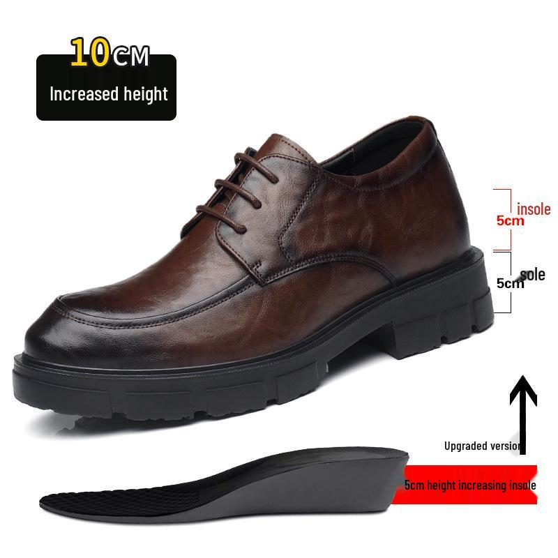 Men's Casual Leather Shoes with 10CM Height Boost, Thick Soles, and Textured Finish.