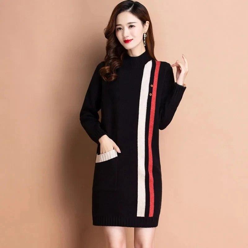 Women's Knitted Sweater Pullover 2023 New Autumn Winter Korean Color Matching Mid Length Knit Bottoming Shirt Female Tops Jumper