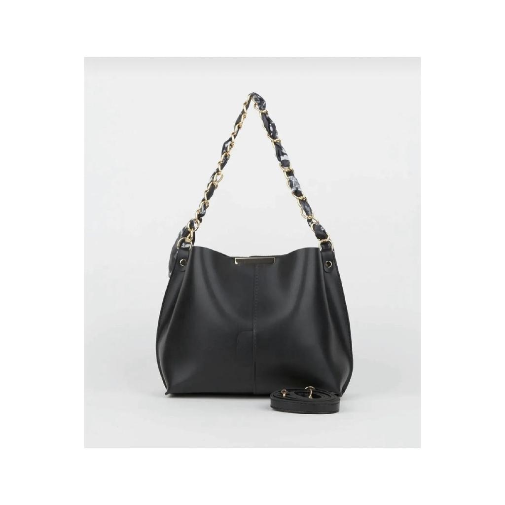 Women's Black Scarf Chain Accessory Soft Leather 3 Compartment Handbag And Shoulder Bag
