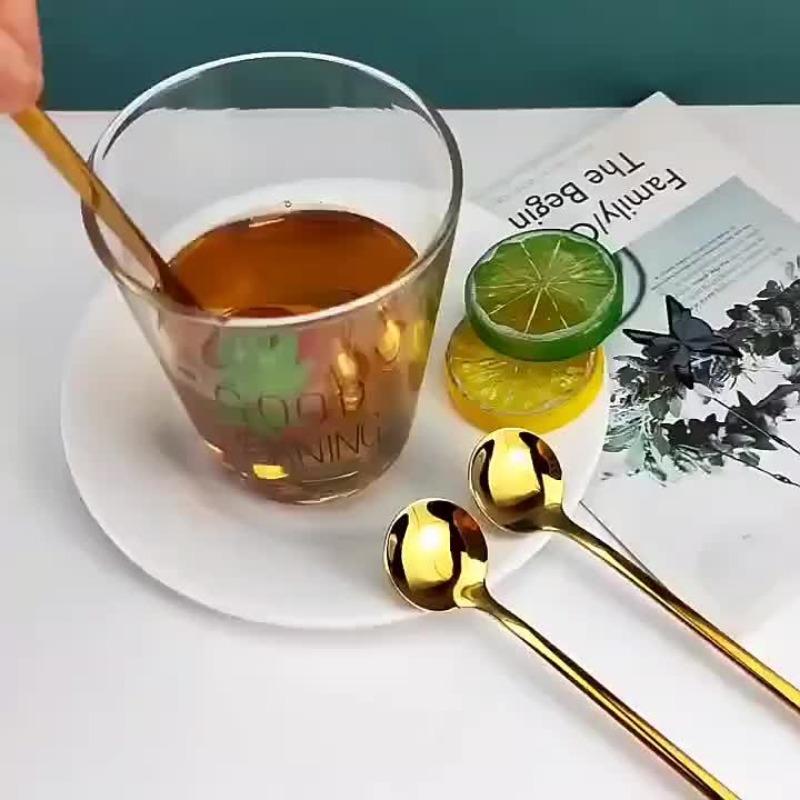 4PCS 304stainless steel long handle spoon, golden coffee stirring spoon teaspoon, elegant home kitchen utensils