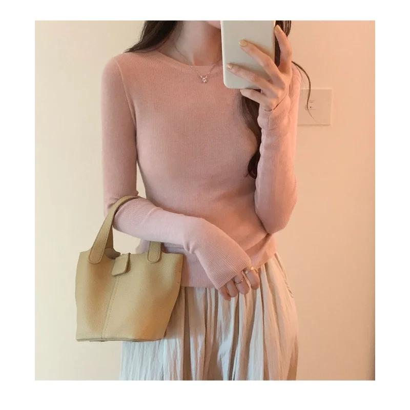 

Round Neck Slim Pullover Top Inside Long Sleeve Knitted Base Shirt German Velvet Thread T-shirt for Women with Tight S рожевий