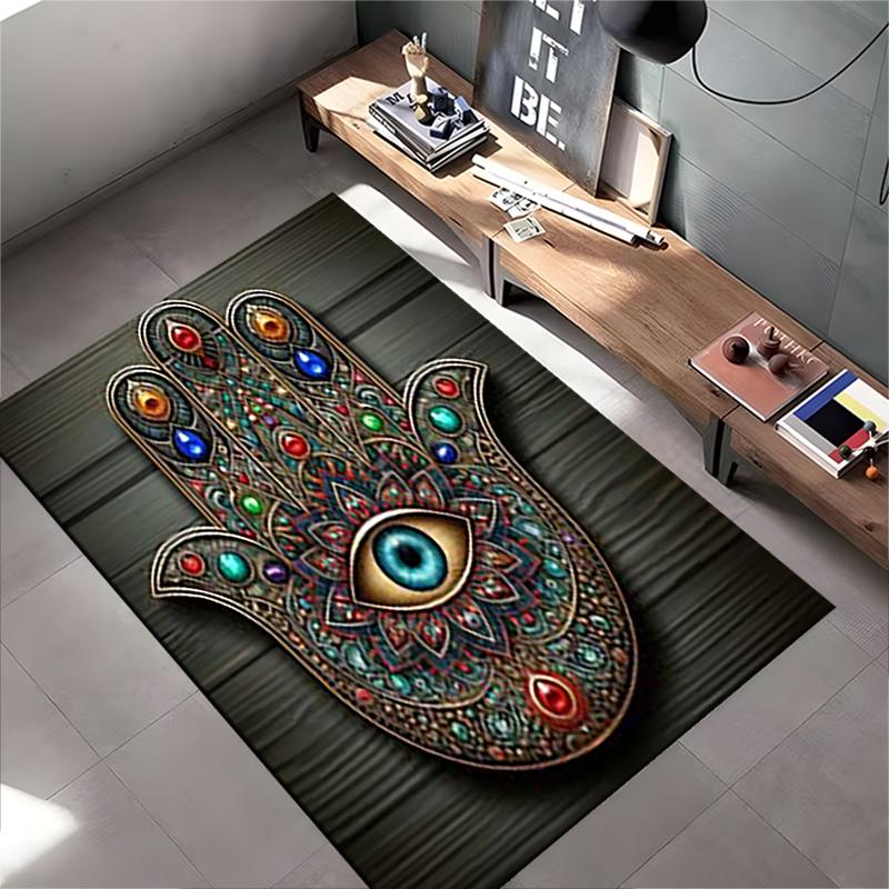 Spiritual Area Rug, Hamsa Hand Evil Eye Jewels Wood Poster, Living Room Decor, Non-Slip Mat