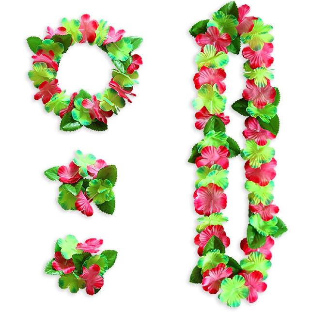 4 Pieces Hawaiian Leis Set Green Red Luau Leis Hawaiian Flowers Leaves Wreath Garland Tropical Floral Accessories for Hawaiian Luau Party Wedding