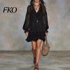 Plus Size Pleated Dress Women's Summer Mini Dress, Sheer Mesh Long Sleeve Tiered Ruffle Lace Cuff Swing V Neck Casual Loose Beach Vacation Short