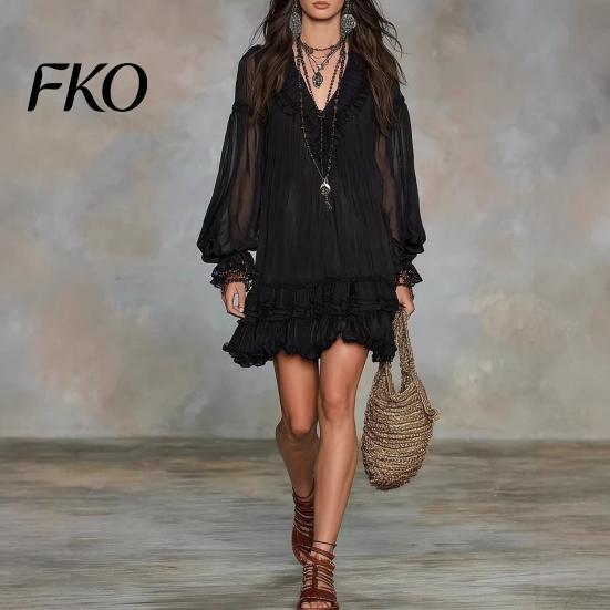 Plus Size Pleated Dress Women's Summer Mini Dress, Sheer Mesh Long Sleeve Tiered Ruffle Lace Cuff Swing V Neck Casual Loose Beach Vacation Short