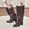 Two-wear removable knee-length boots, new retro thick-heeled rivets, thin tall stacking boots