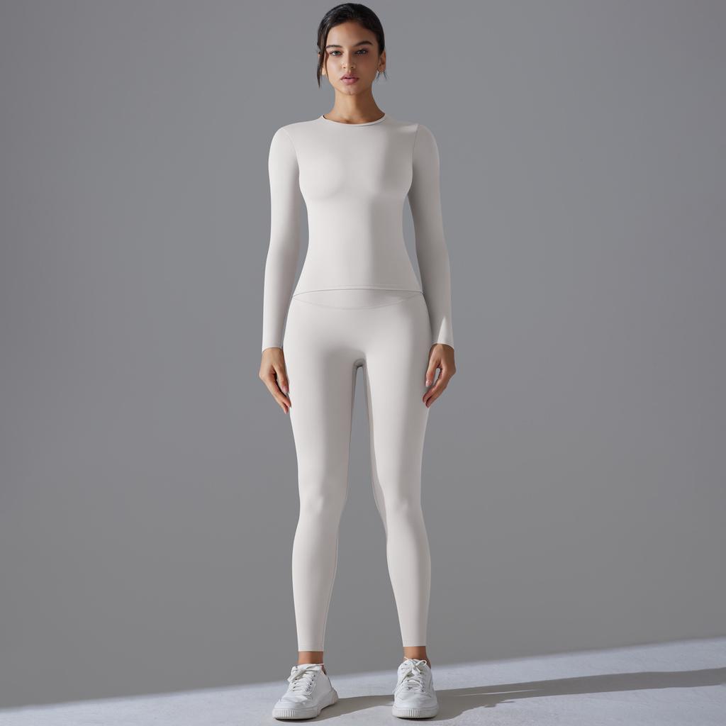 New Brushed Long Sleeved Yoga Suit with High Elasticity and Nude Feeling, Tight Fitting Sports Suit, Running and Fitness Two-piece Set for Women