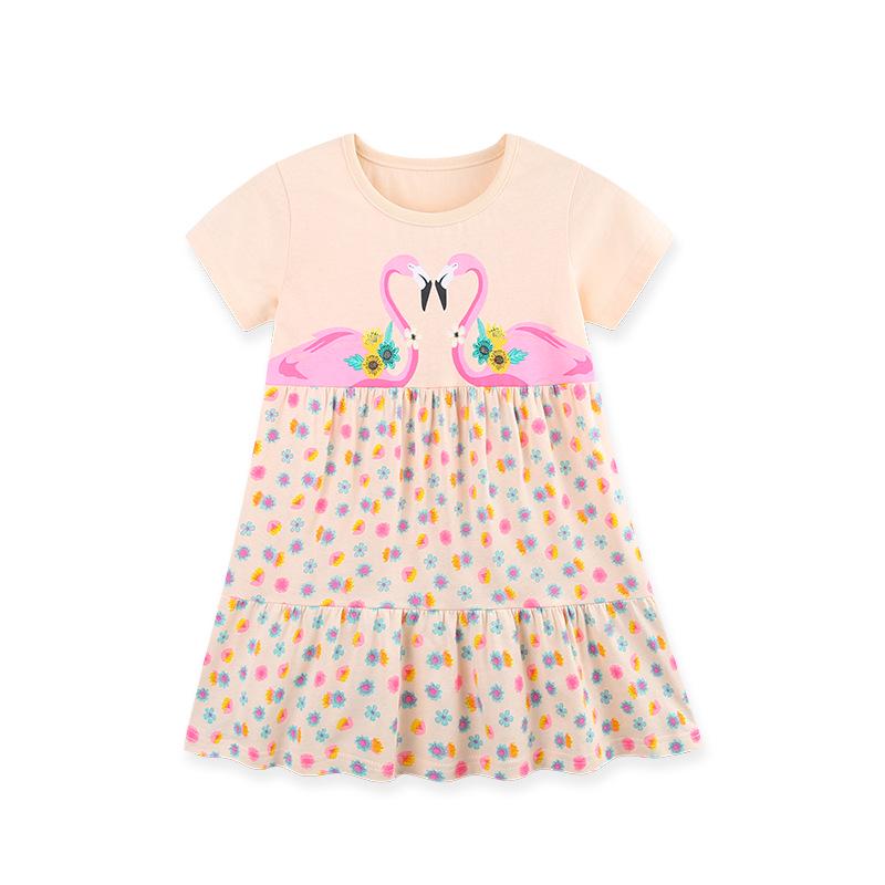 European & American Style Cute Print Girls' Short-Sleeve Knit Cotton Dress