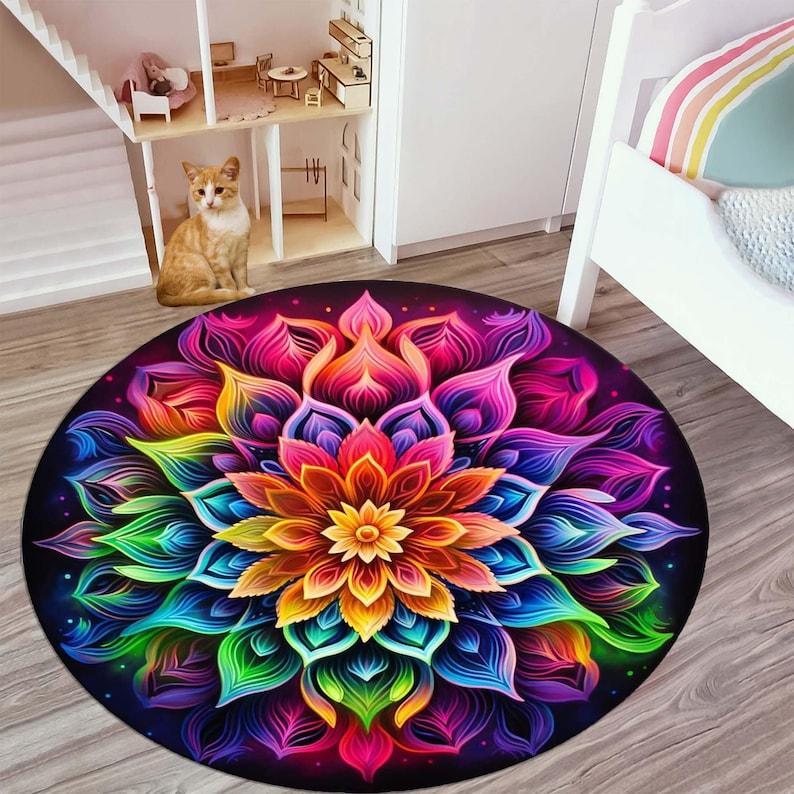 Rainbow Mandala Round Rug, Flower of Life Sacred Geometry Design, Colorful Spiritual Carpet for Meditation Yoga Decor
