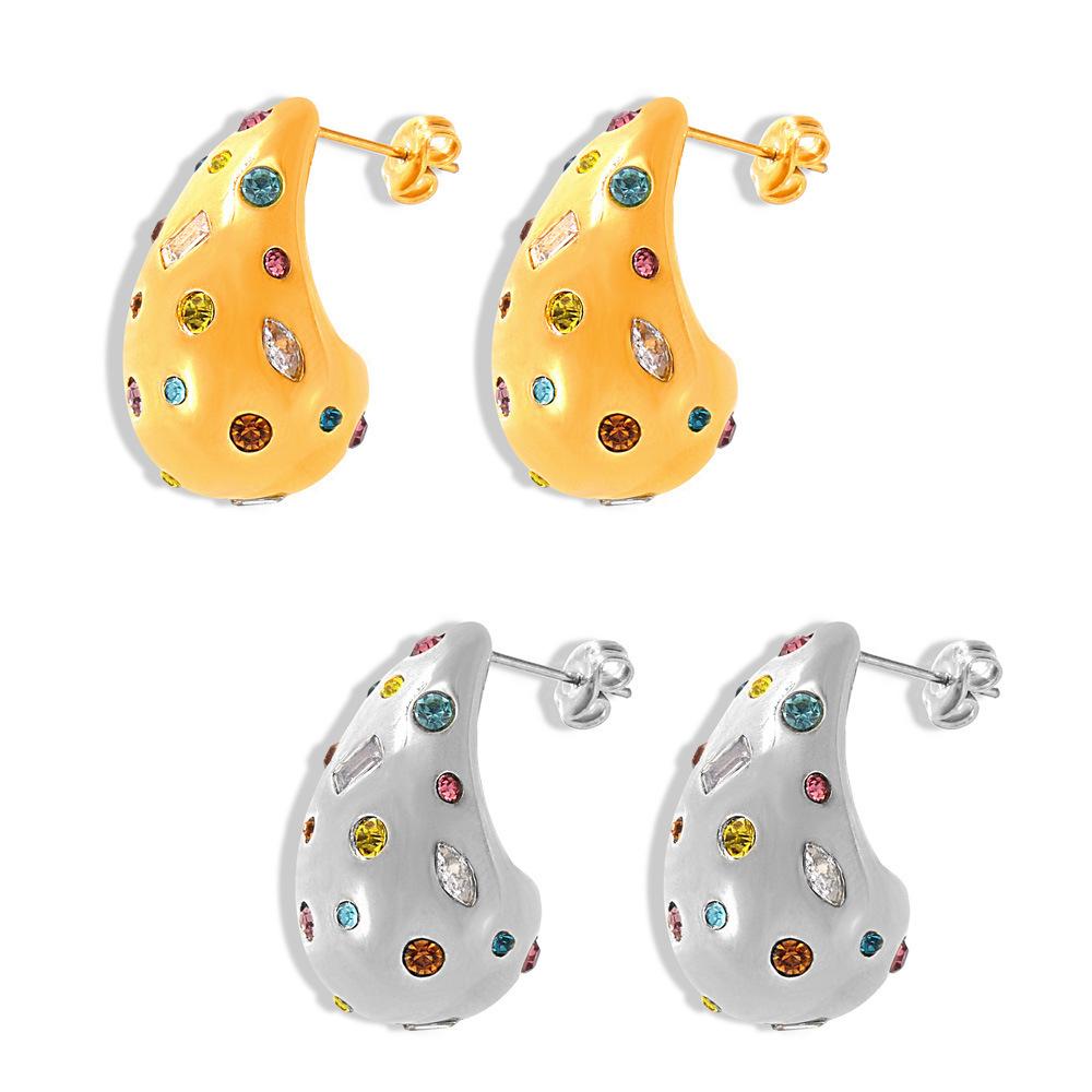 Wind New Diamond-Encrusted Water Drop Non-Fading Earrings 18K Gold Design Sense Light Luxury Titanium Steel Stud Earrings Women