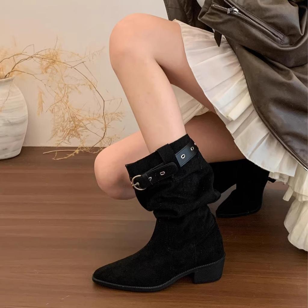 Coarse Heel Pointed Pleated Tall Tube Piled Boots Women's 2025 New Summer and Autumn Western Cowboy Medium Tube Knight Boots