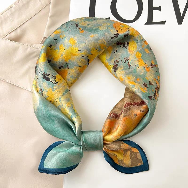 Dámský béžový hedvábný šátek - 53 cm Korejský styl Tištěný čtverec, 100% morušové hedvábí na jaro/léto