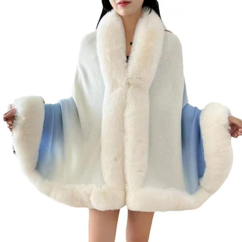 Women's Fashionable Knitted Fur Collar Cardigan Coat - Stylish High-End Autumn & Winter Sweater Cape Shawl.