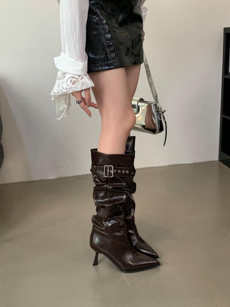 2025 autumn and winter new fashion versatile pointed high-heeled boots women's fashion British style fine heel but knee-high