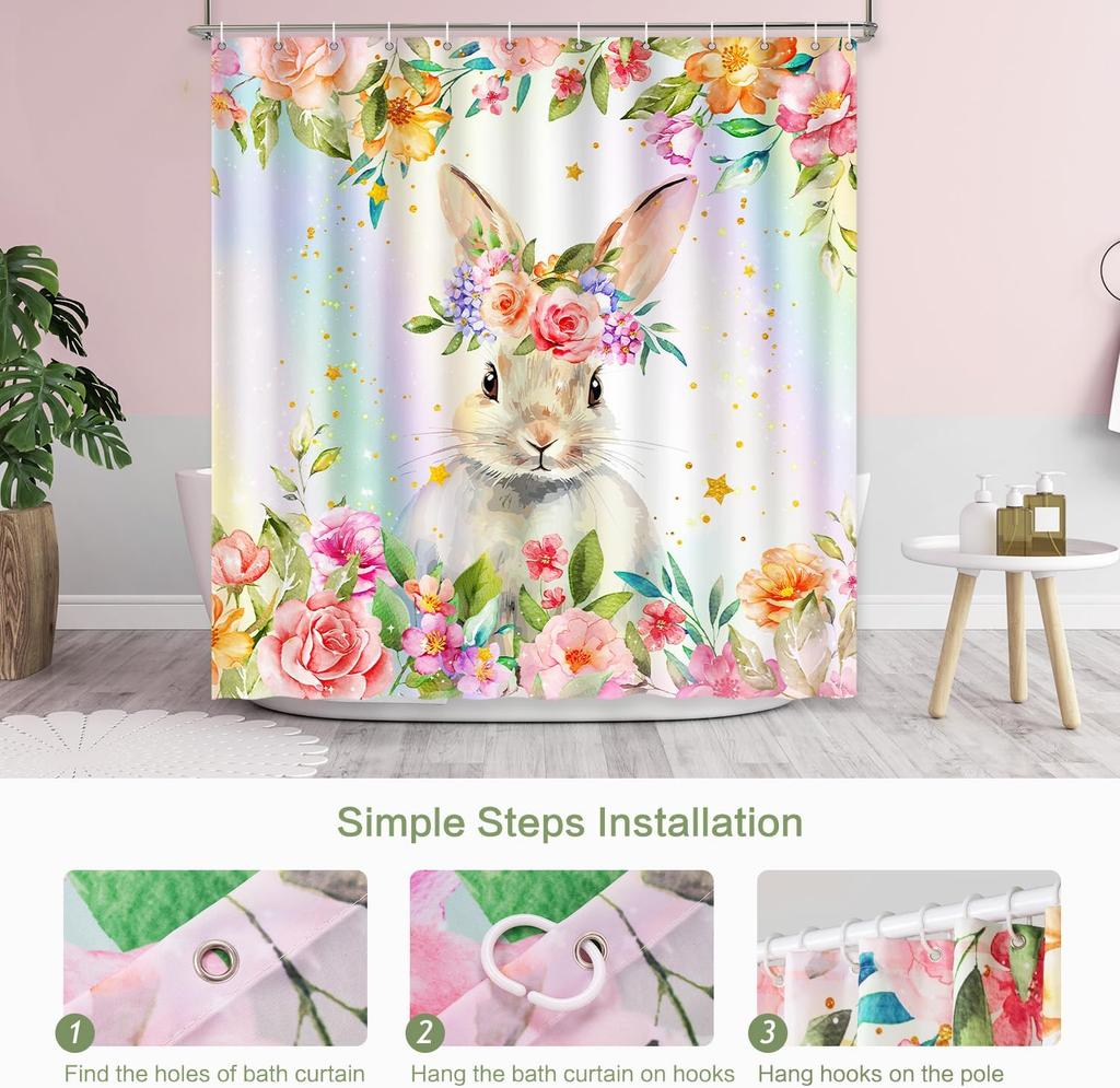 Floral Bunny Shower Curtain Watercolor Rabbit Flower Crown Spring Design Pastel Colors Bath Decor Waterproof Fabric Cute Animal