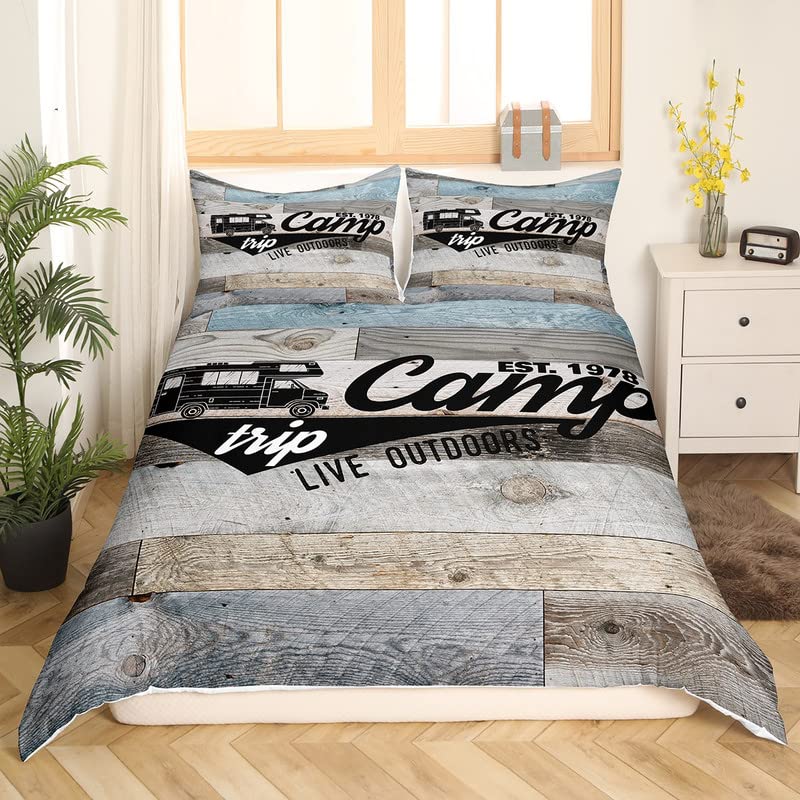 Camping Bedding Set Twin King Full Size For Teens Adult Duvet Cover Happy Camping Comforter Cover 3 Pieces With 2 Pillowcase