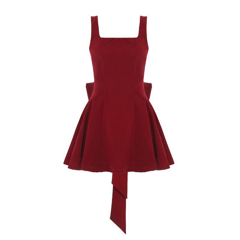 

Sexy Sexy Red New Year Bows Open Back Sling Vest Skirt Short Skirt off-Neck Sleeveless Dress Women s Fashion Red (removable Bows) S