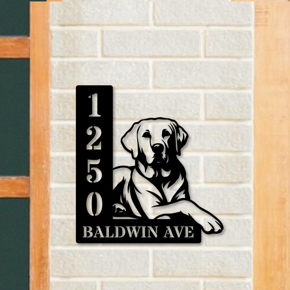 Personalized Labrador Dog Silhouette Metal Wall Sign, Rustic Handmade Black Decor for Address