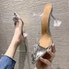 2024 Summer Women's Sandals Solid Color Pointed Toe Rhinestone Decorated Women's Sandals Transparent Strap Stiletto Heel Slip-on
