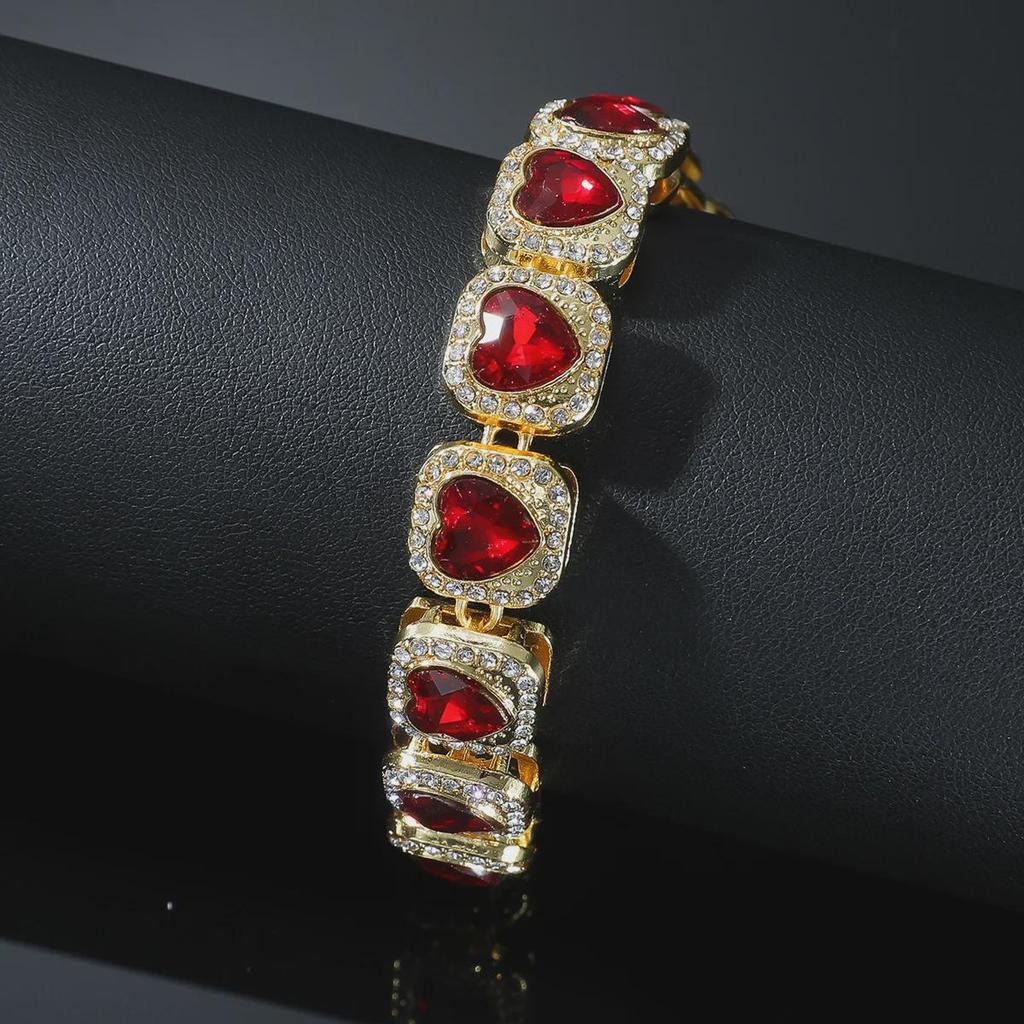 European & American Men's Bold Full Diamond Red Peach Heart Cuban Chain Bracelet - Nightclub Trend Jewelry