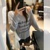 Korean gray single shoulder suspender letter print V-neck long-sleeved T-shirt women's autumn thin micro-transparent unique loose top