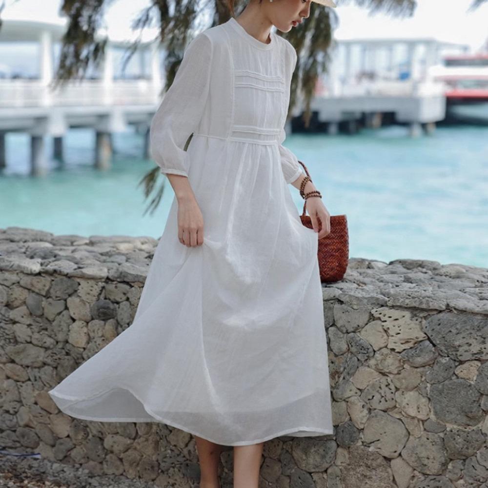 LYRIA Ramie White Dress Elegant Femme Spring Summer Double Layered Mid Length Dress for Women Y2K