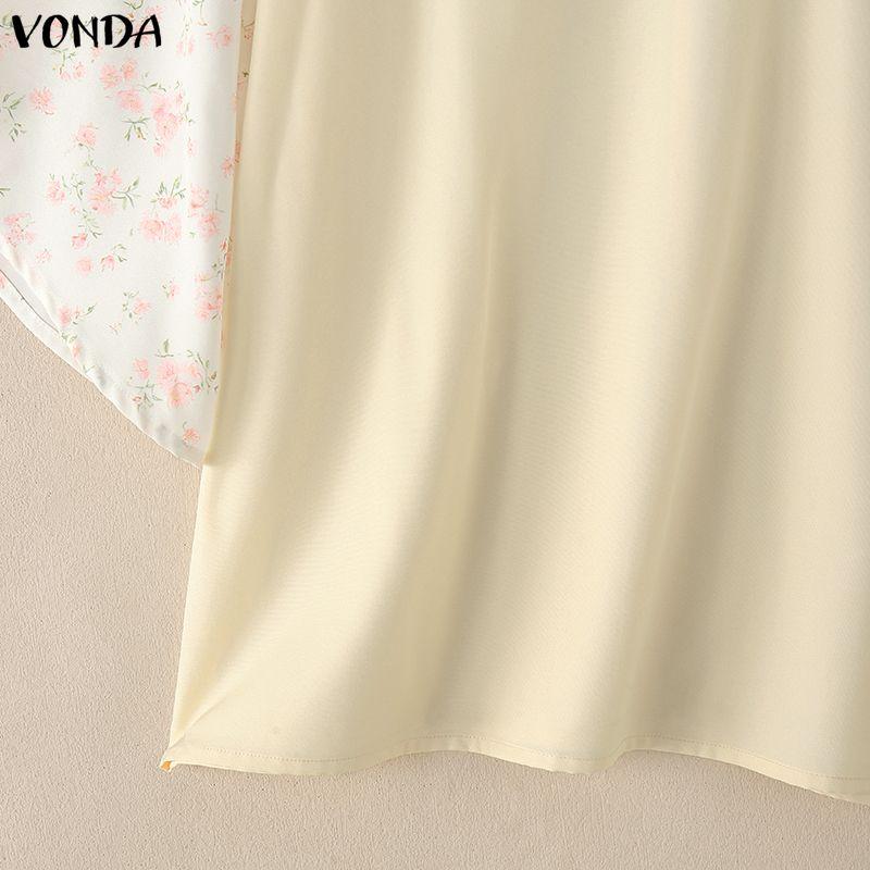 VONDA Summer Women O-Neck Print Splice 3/4 Sleeve Casual Loose Blouse