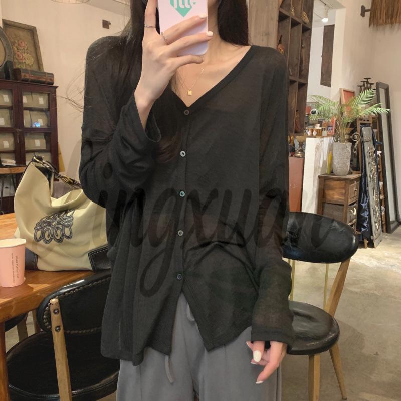 Spring Korean-Style Women s V-Neck Loose Cardigan - Lightweight, Long Sleeve, Sun Protection, Versatile, Casual Top One Size чёрный