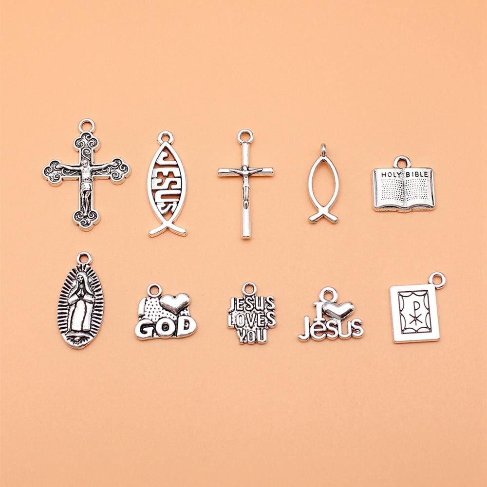 Charms Supplies For Jewelry Bible Virgin Jesus Fish Jesus Cross Crafts Popular 10pcs/set