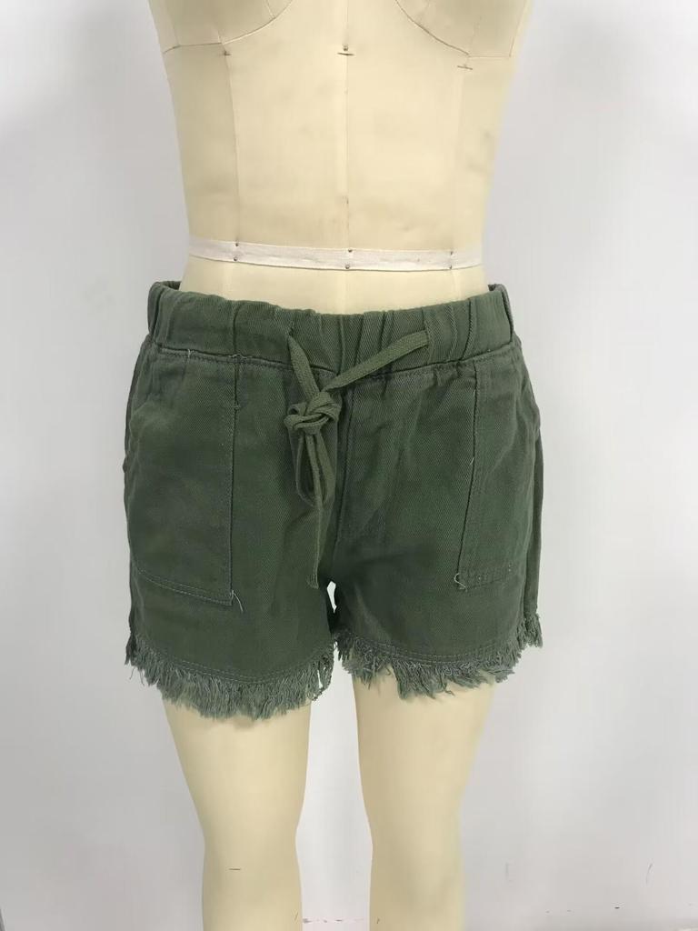 Women's Elastic Waist Tassel Denim Shorts