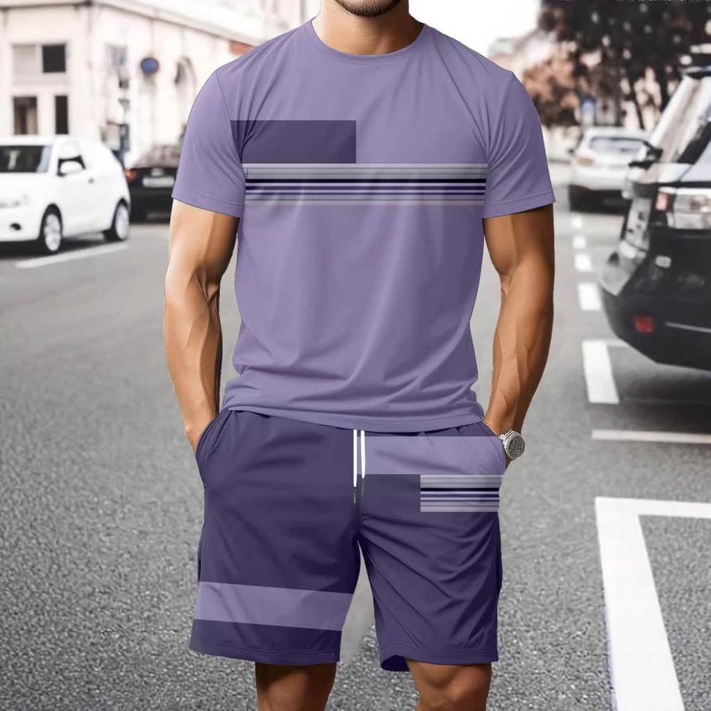 Summer  Arrival Men's Casual Two-Piece Set Striped Print Short-Sleeve Shirt and Athletic Shorts Set