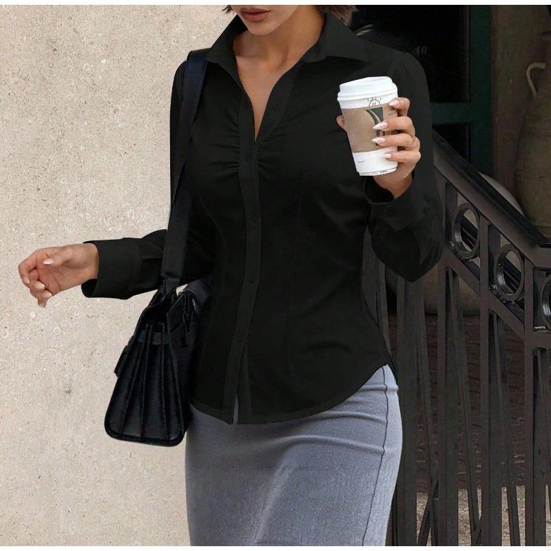 Women Lapel Collar Front Ruched Satin Long Sleeve Shirt Multi Color Slim Fitted Office Business Button Blouse