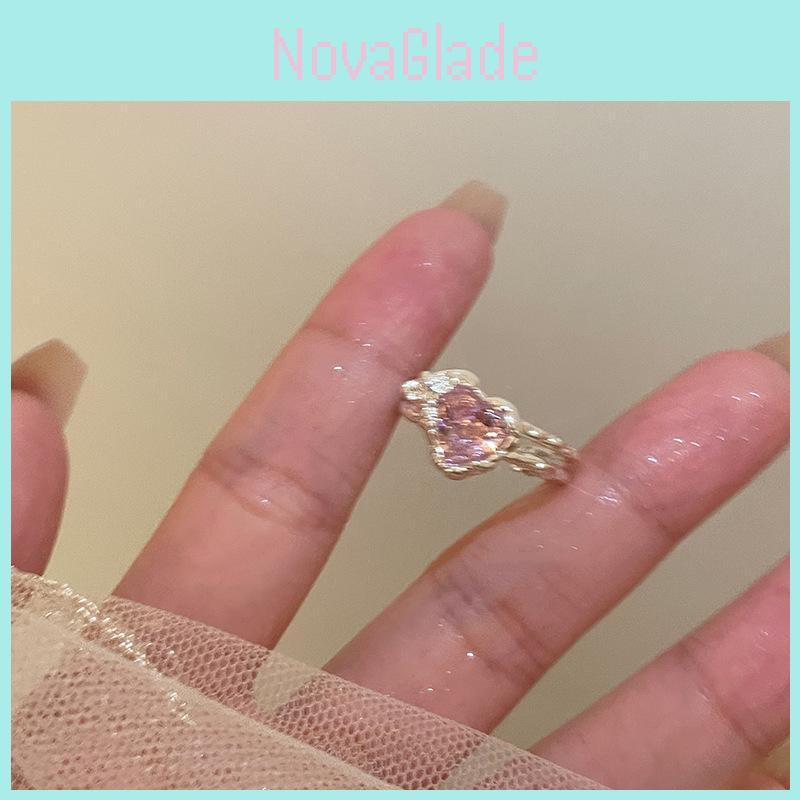 Trendiger Koreanischer Stil Verstellbarer Offener Herzförmiger Zirkonia Ring Für Damen In Rosa