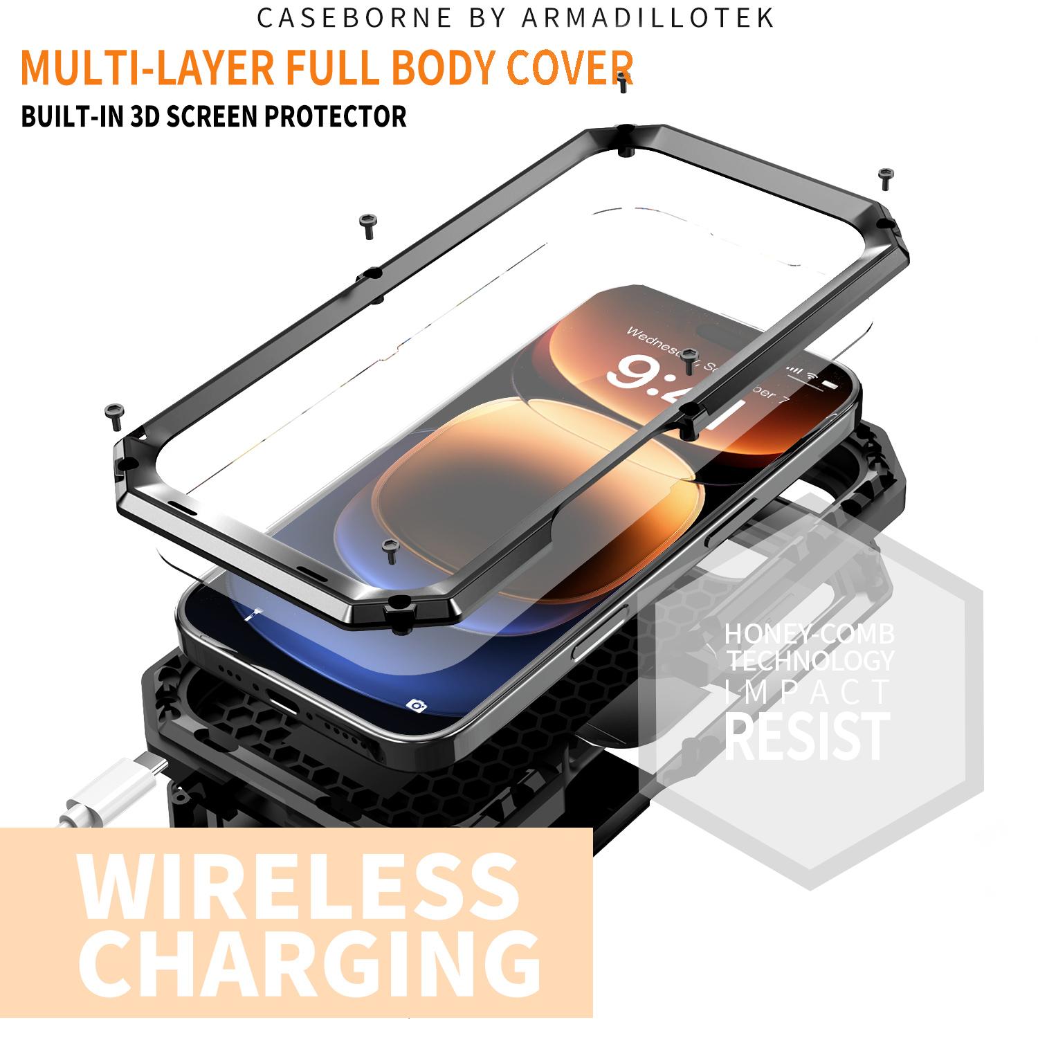 

R-JUST For iPhone 16 Pro Max Kickstand Case Silicone+Metal+PC+Tempered Glass Screen Film Phone Cover Black