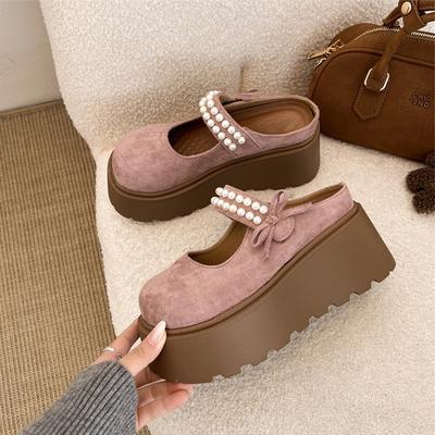 Spring 2025 Thick-bottomed Bag Head Half Slippers Women's New Bow Pearl Height Increase Small Mary Jane Sandals