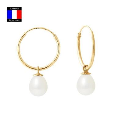 Compagnie Générale Des Perles - Genuine Cultured Pearl Earrings 7-8 Mm 18 Cts Yellow Gold Creole System - Women's Jewelry