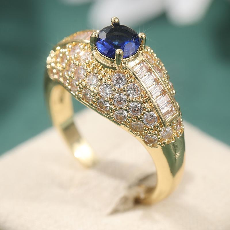 Exquisite Inlaid White Blue CZ Women's Ring Trendy Gold Color Geometry Daily Wear Party Jewelry Anniversary Gift