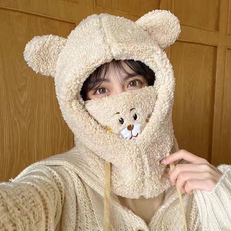 [Warm Five-in-one] Winter Adult One-piece Hat, Piled and Thickened Cute Bear One-piece Mask Hat, Warm Hat