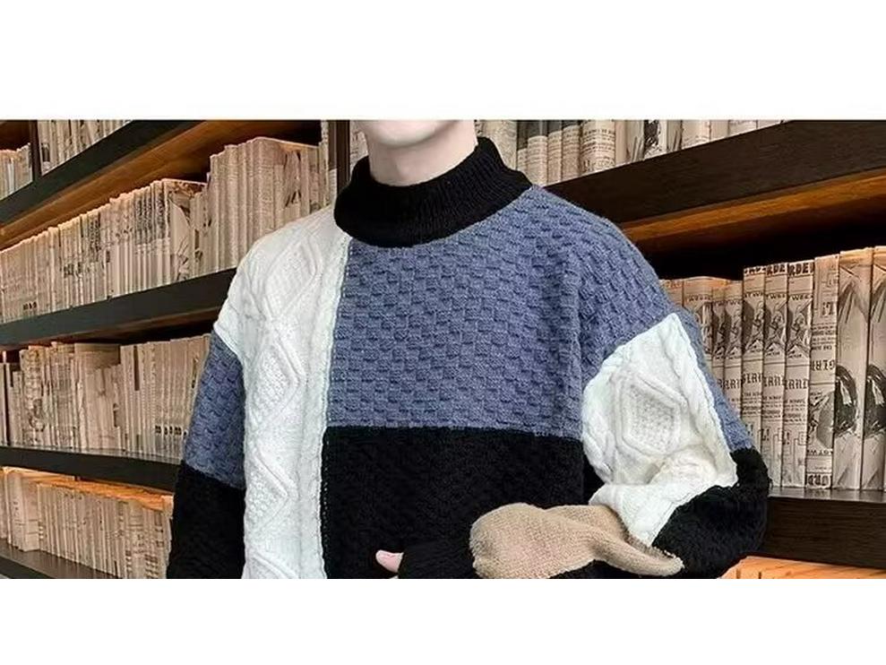 Men's Plus Size Color Block Sweater - Loose Fit, Korean Style, Round Neck Pullover for Autumn and Winter