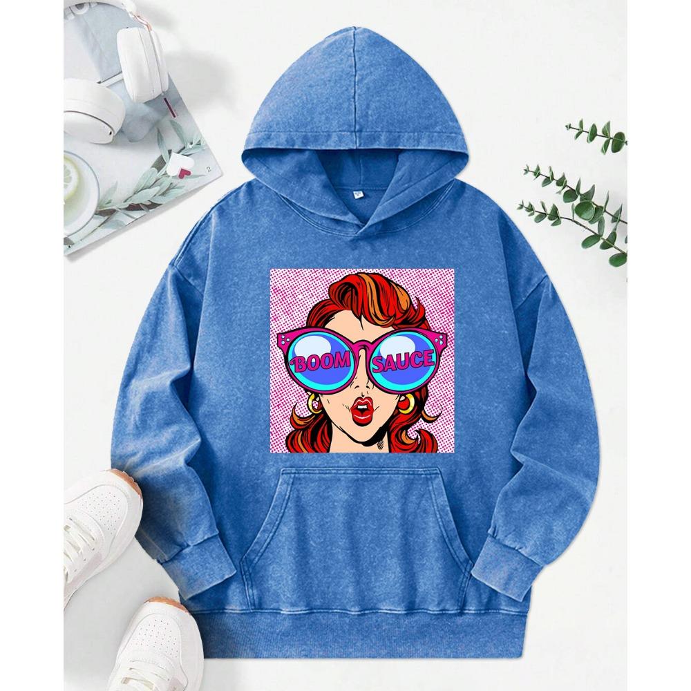 A Fashionable Ladies Wearing Sunglasses Print Women Washed Hoody Autumn Loose Streetwear Trendy Cotton Hoodie Top